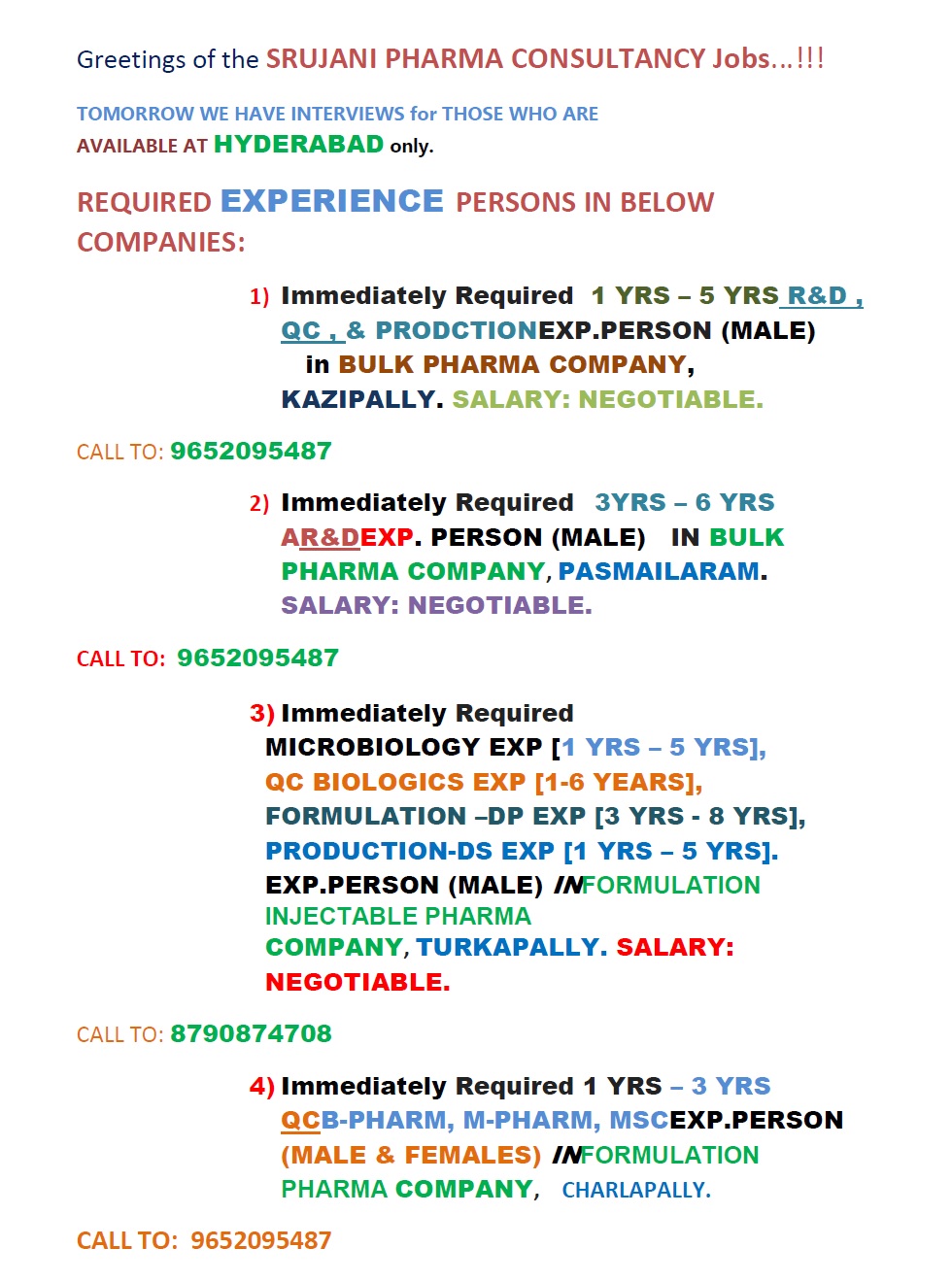 Immediate Openings for QC | R&D | AR&D | Production | Warehouse | Accounts | Electrical | Mechanical | Fitter at Hyderabad - Pharmawisdom.co.in