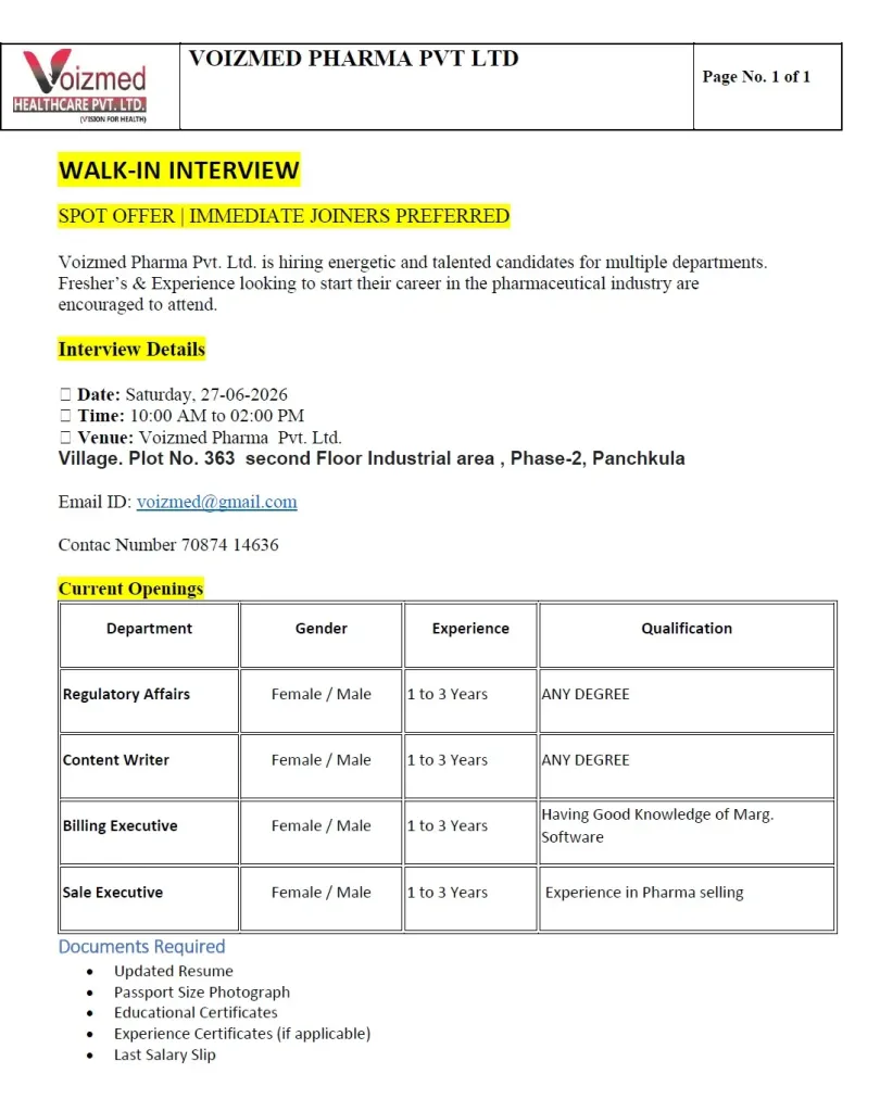 Voizmed Pharma is Hiring for Regulatory Affairs, Content Writer, Billing Executive and Sales Executive