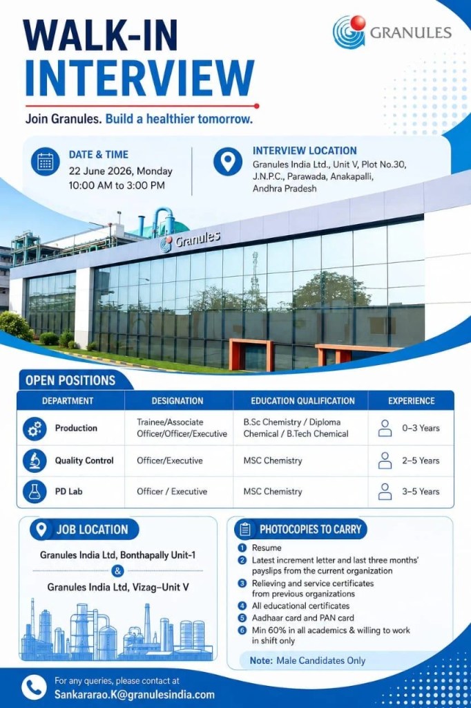 Granules India is Hiring Fresher & Experienced for Production, Quality Control, PD Lab