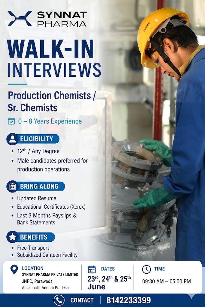Synnat Pharma Private Limited walk ins for Freshers & Experienced on 23rd,24th&25th June 2026 - Pharmawisdom.co.in