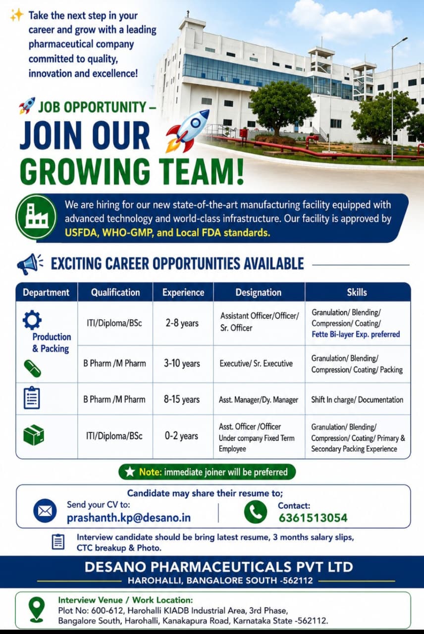 DESANO Pharmaceuticals - Urgent Hiring for Production & Packing Departments - Pharmawisdom.co.in