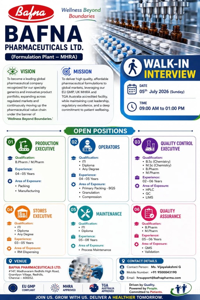 Bafna Pharma is Hiring for Production, QC, QA, Operators, Stores and Maintenance