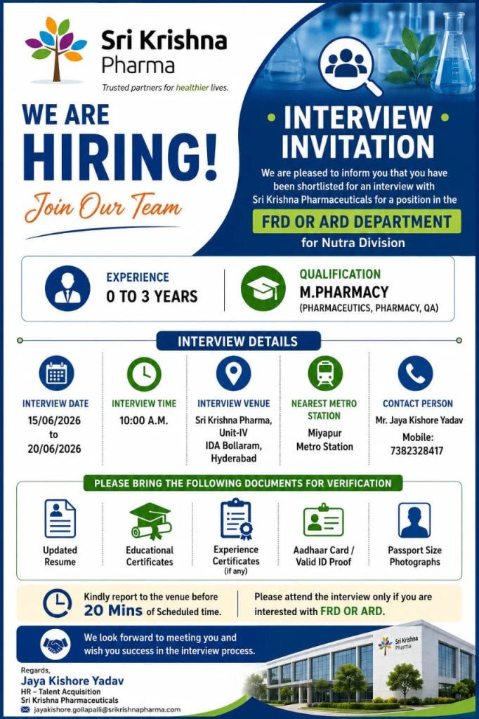 Sri Krishna Pharma is Hiring for FRD / ARD Department