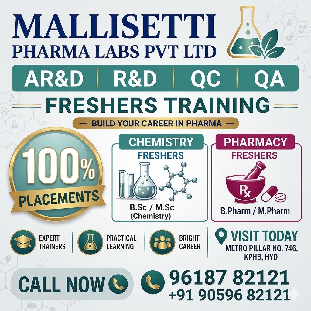 Training & Job Opportunity for Pharmacy & Chemistry Graduate Freshers at Mallisetti Pharma Labs, Hyderabad - Pharmawisdom.co.in
