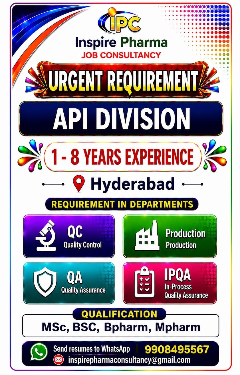 Urgent Multiple Openings in QC / QA / Production / IPQA at IPC, Hyderabad - Pharmawisdom.co.in