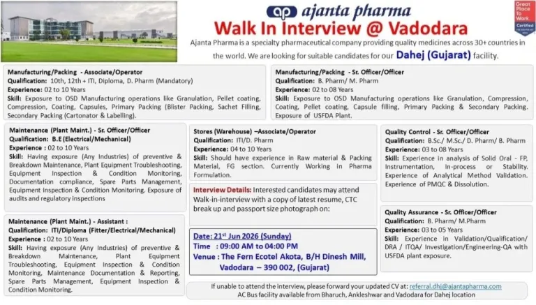 Ajanta Pharma is Hiring for Manufacturing, QA, QC, Stores & Maintenance