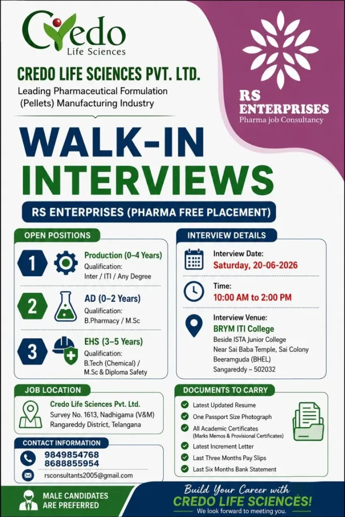 Credo Life Sciences is Hiring Freshers & Experienced for Production, AD & EHS Jobs