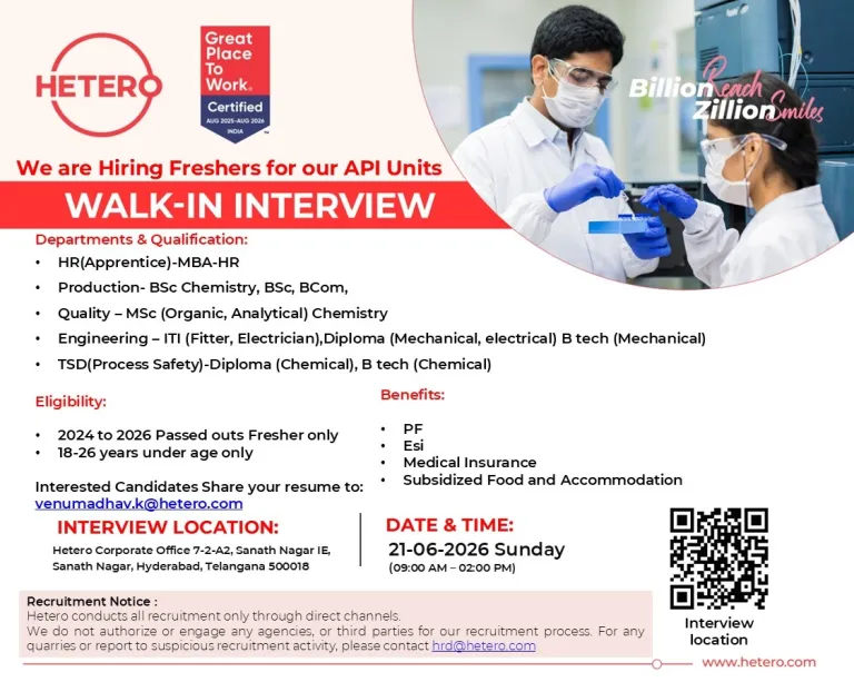 Hetero Labs is Hiring for Production, Quality, Engineering & TSD (Process Safety), HR (Apprentice)