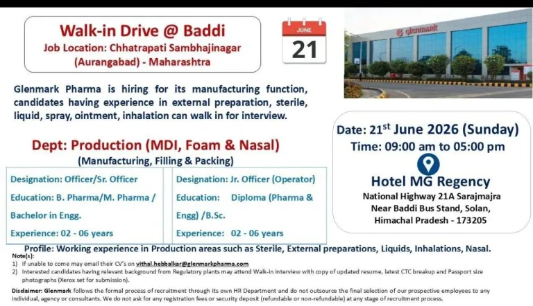 Glenmark Pharma is Hiring for Production (MDI, Foam & Nasal)