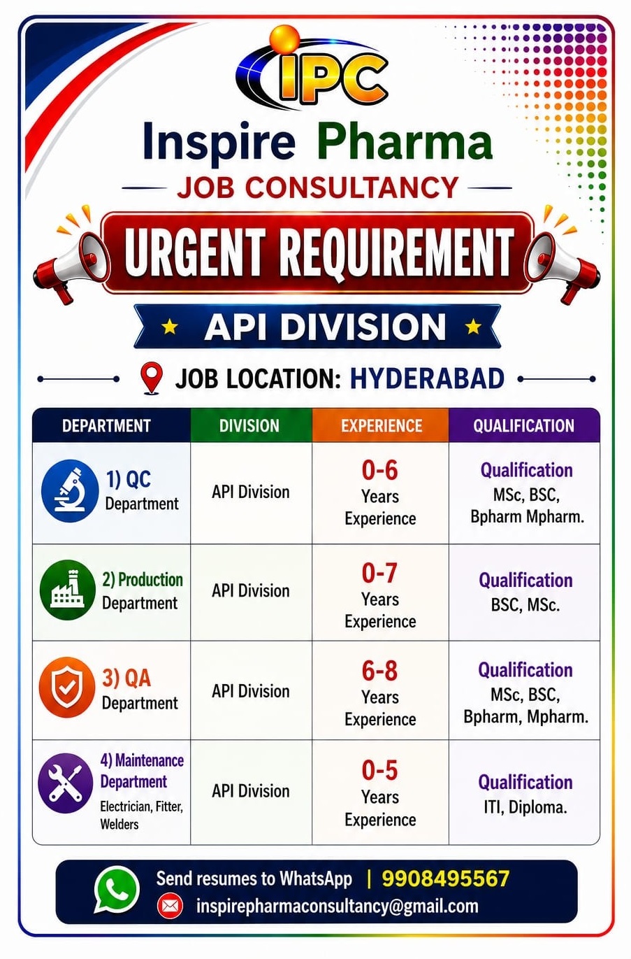 Freshers & Experienced Multiple Openings in QC | QA | Production | Maintenance at IPC, Hyderabad - Pharmawisdom.co.in