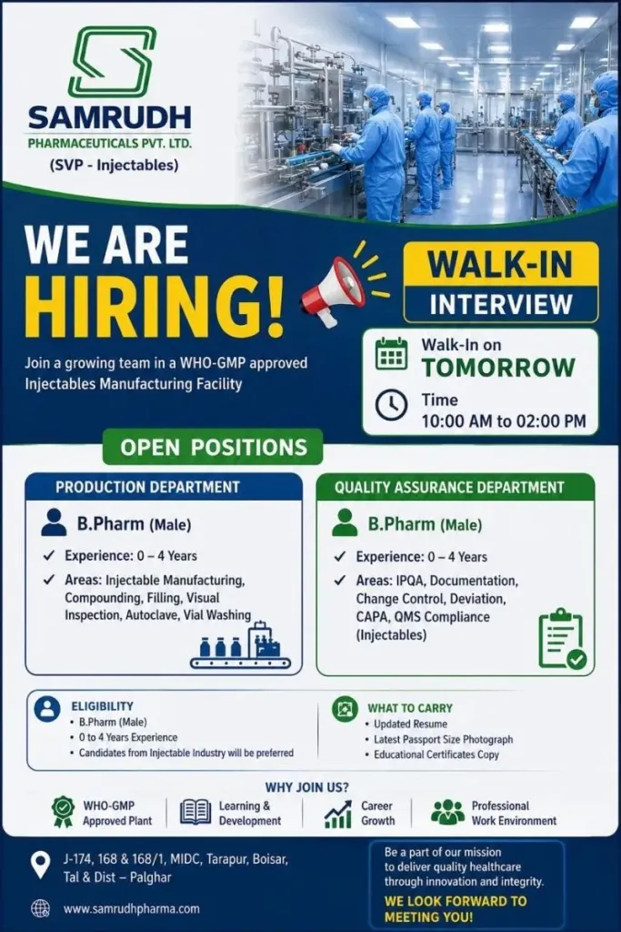 Samrudh Pharma is Hiring for Production & Quality Assurance