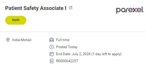 Parexel Patient Safety Associate I Jobs 2026 | Freshers Apply in Pharmacovigilance