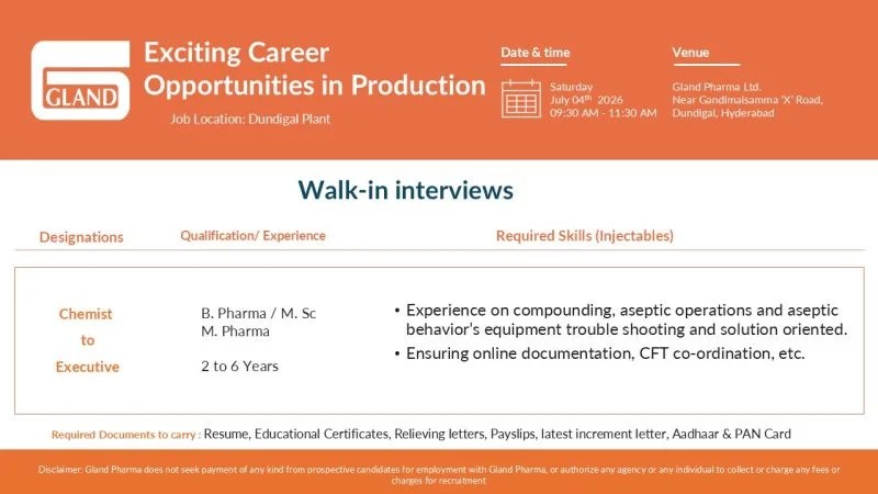 Gland Pharma is Hiring for Production Jobs