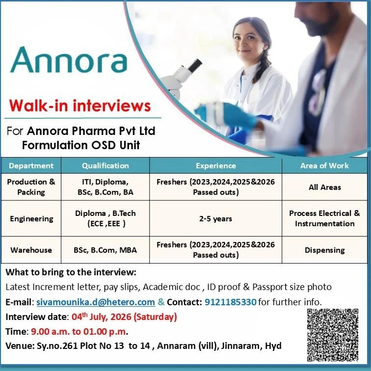 Annora Pharma is Hiring for Production, Packing, Engineering & Warehouse
