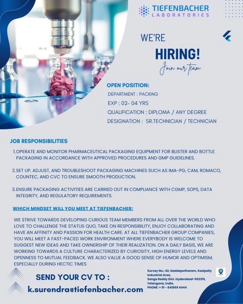 AET Laboratories is Hiring for Packing Sr. Technician / Technician