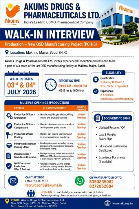 Akums Drugs Walk-In Interview 2026 for Production Professionals