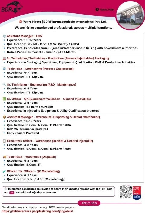 BDR Pharma is Hiring for EHS, Production, Engineering, QA, Warehouse and QC