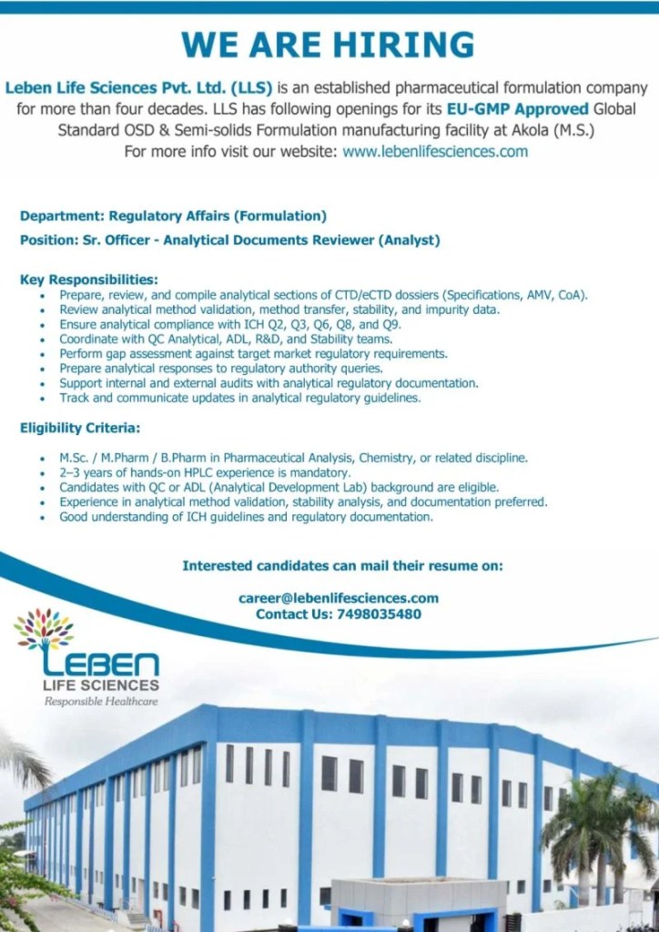 Leben Life Sciences is Hiring for Regulatory Affairs (Formulation)