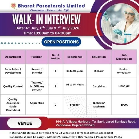 Bharat Parenterals is Hiring for Production, QC, QA, Engineering, F&D, Admin and Liaison