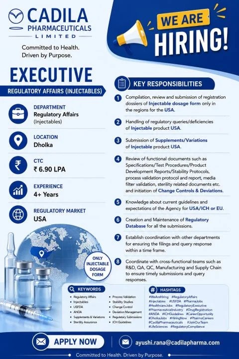 Cadila Pharmaceuticals is Hiring for Executive &ndash; Regulatory Affairs