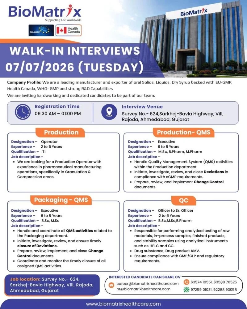 BioMatrix Healthcare is Hiring for Production, QC & QMS Roles