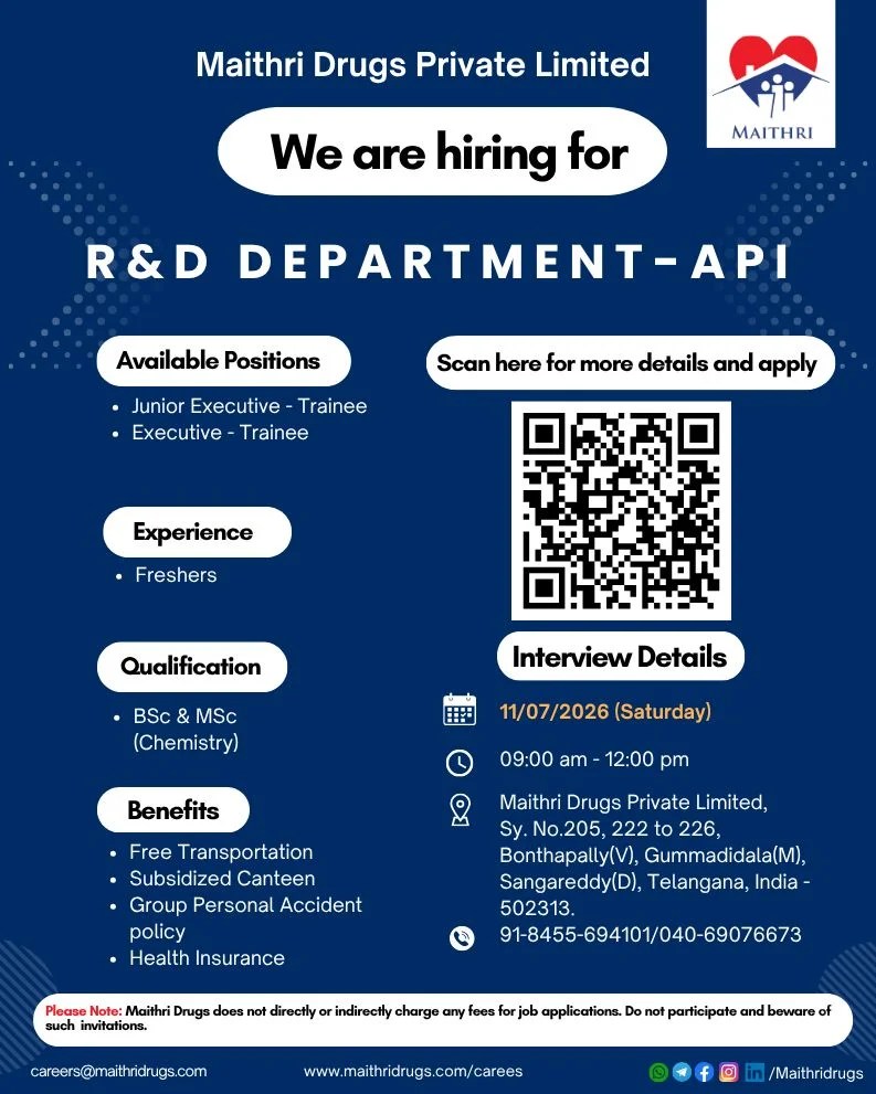 Maithri Drugs is Hiring FRESHERS for R&D API Department