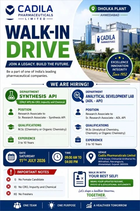 Cadila Pharmaceuticals is Hiring for Research Associate to Sr. Research Associate