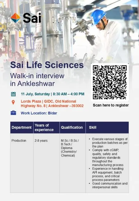 Sai Life Sciences is Hiring for Production Jobs