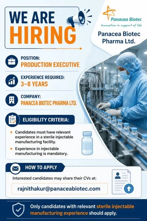 Panacea Biotec Pharma is Hiring for Production Executive