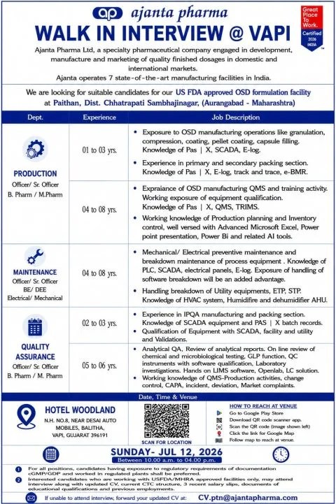 Ajanta Pharma is Hiring for Production, Maintenance, Quality Assurance