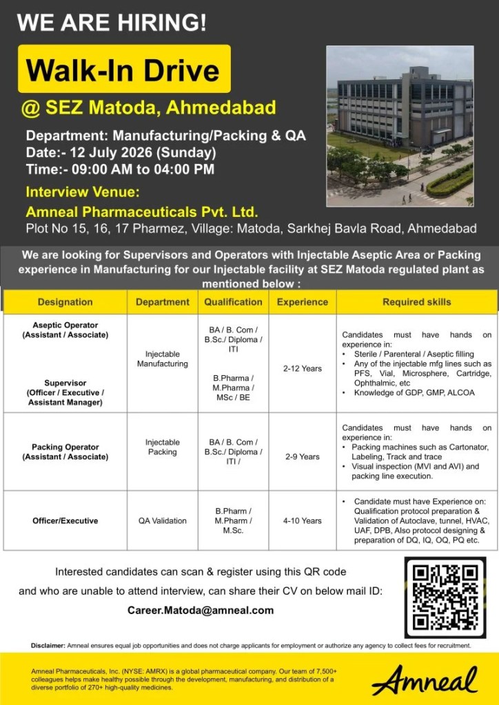 Amneal Pharma is Hiring for Manufacturing, Packing & QA