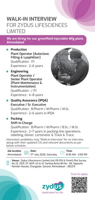 Zydus Lifescience is Hiring for Production, QA, Engineering & Packing