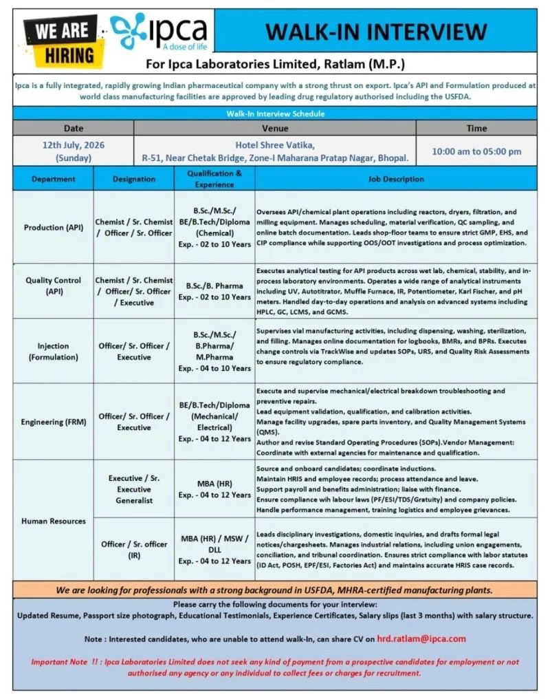 IPCA Laboratories is Hiring for Production, QC, Engineering & HR