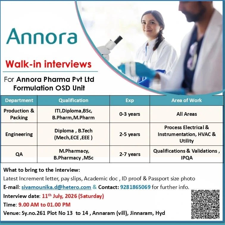 Annora Pharma is Hiring Freshers & Experienced for Production, QA & Engineering