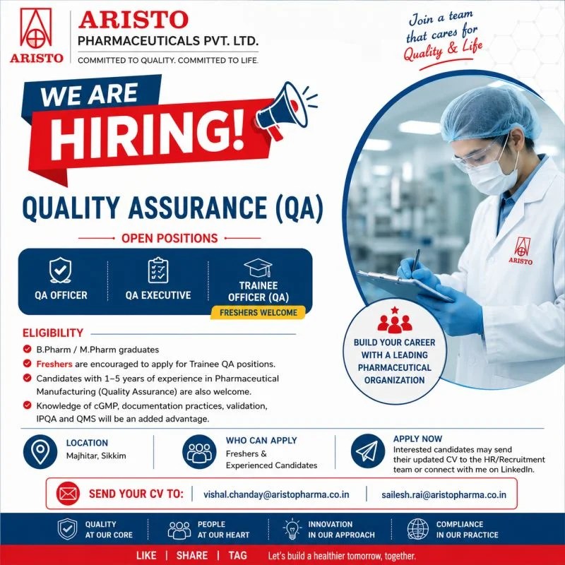 Aristo Pharmaceuticals is Hiring Freshers & Experienced for Quality Assurance