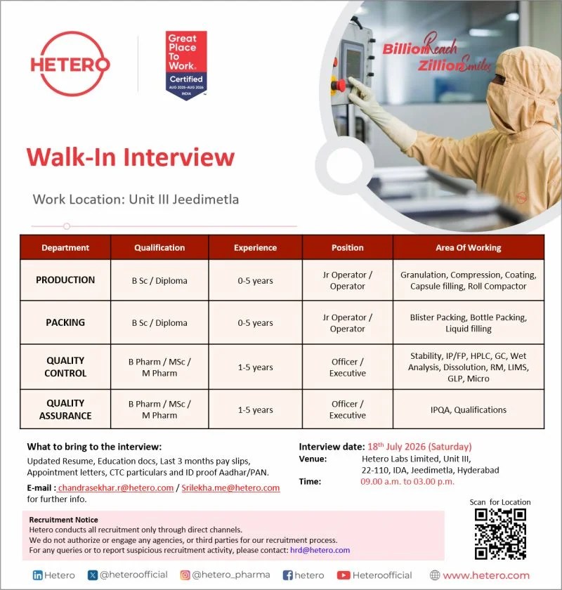 Hetero Labs is Hiring Fresher & Experienced for Production, QC, QA & Packing