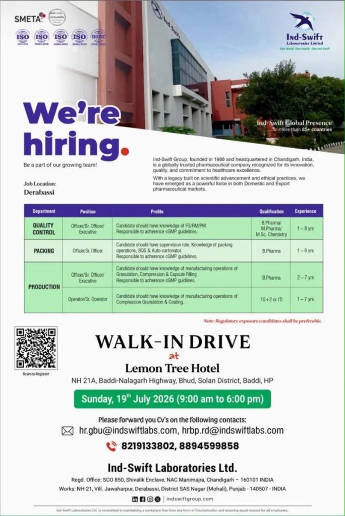Ind Swift Laboratories is Hiring for QC, Production & Packing