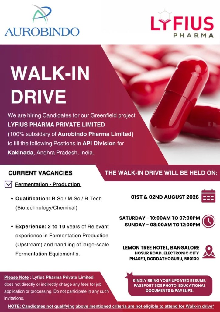 Lyfius Pharma (Aurobindo Pharma) is Hiring for Fermentation &ndash; Production