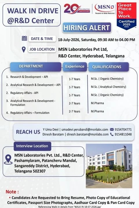 MSN Laboratories is Hiring for R&D, Analytical, and Regulatory Affairs roles