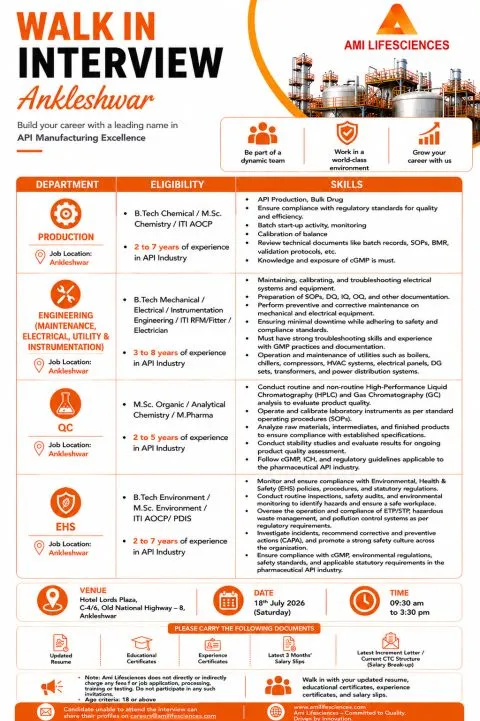 Ami Lifesciences is Hiring for Production, QC, Engineering & EHS