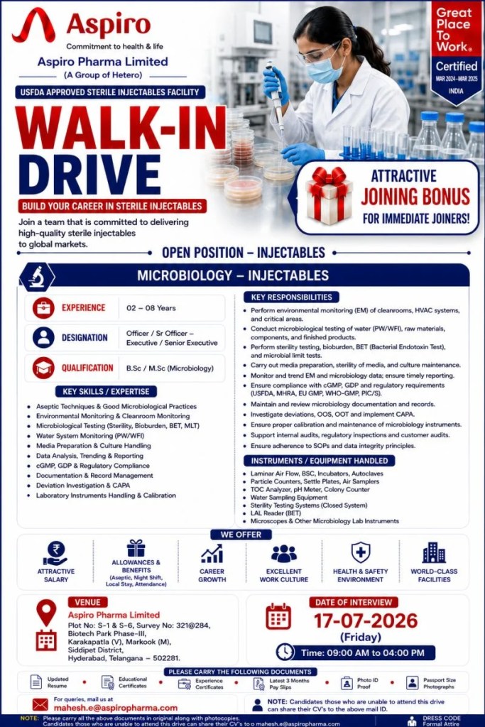 Aspiro Pharma Walk-In Drive 2026 for Microbiology &ndash; Apply Now