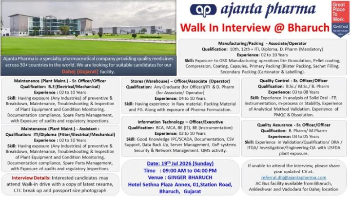 Ajanta Pharma is Hiring for Production, Packing, QA, Maintenance, Stores and IT