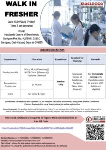Macleods Pharmaceuticals is Hiring for Production, Formulation & Store