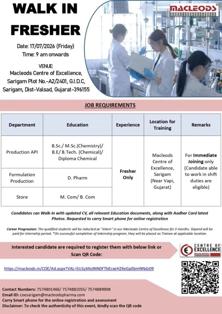 Macleods Pharmaceuticals is Hiring for Production, Formulation & Store