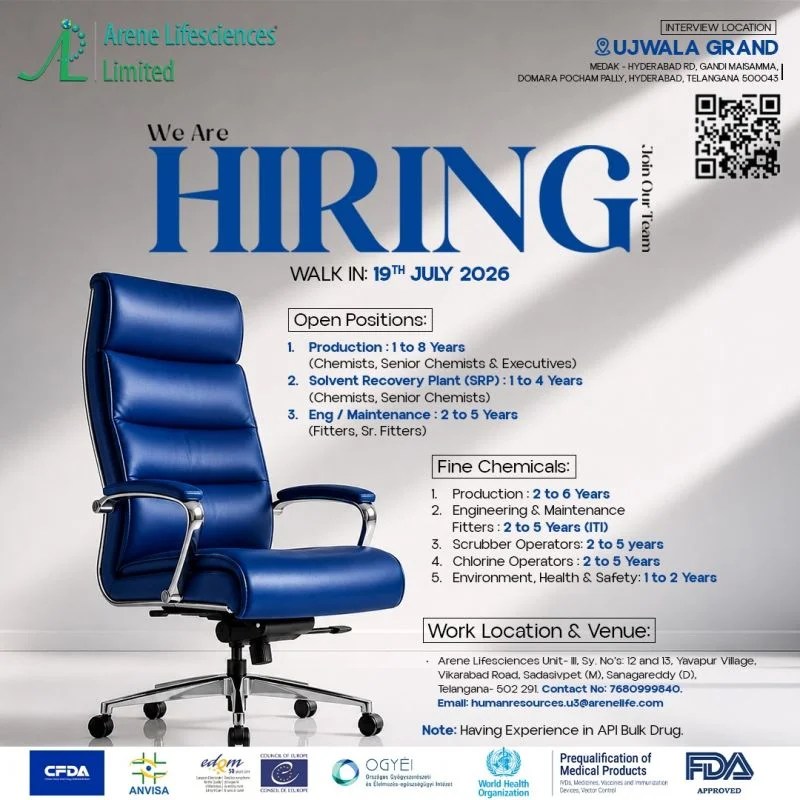 Arene Lifesciences Walk-In Interview 2026 for Production, SRP & Maintenance