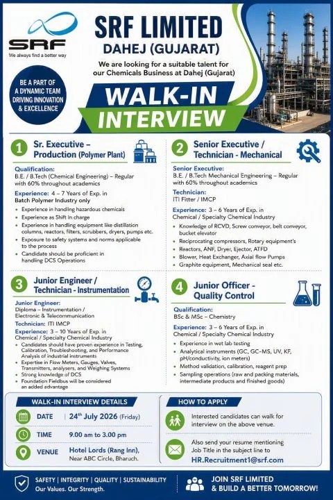 SRF Limited is Hiring for Production, Mechanical, QC & Instrumentation