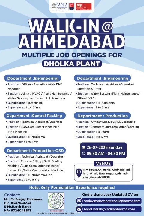 Cadila Pharma is Hiring for Engineering, Production, Central Packing
