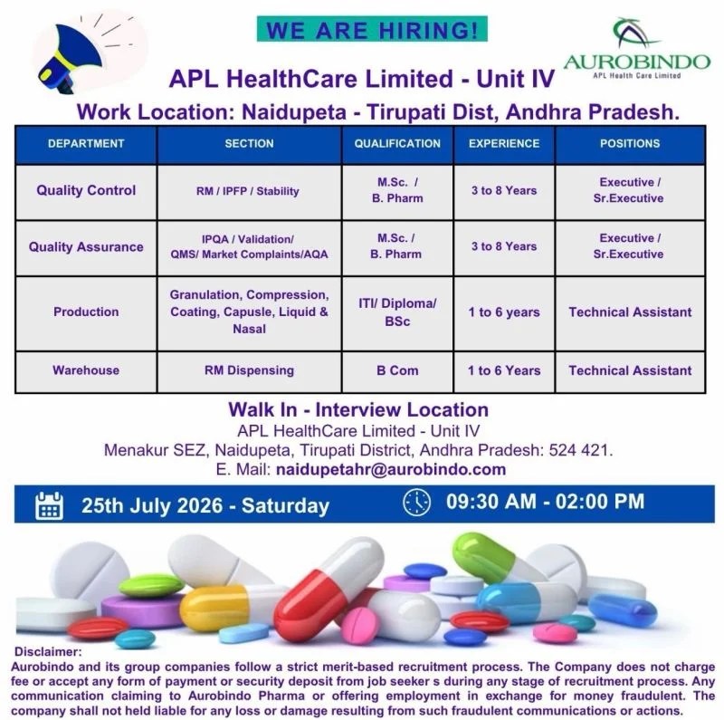 APL HealthCare is Hiring for QA, QC & Production, Warehouse Jobs
