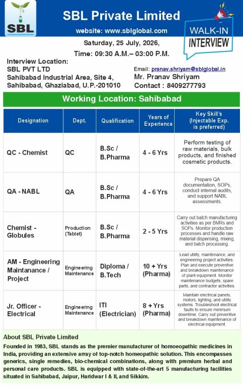 SBL Private Limited Walk-In Interviews for Multiple Positions in QA / Production / Engineering&nbsp;/ QC / Maintenance Departments on 25th July 2026 - Pharmawisdom.co.in