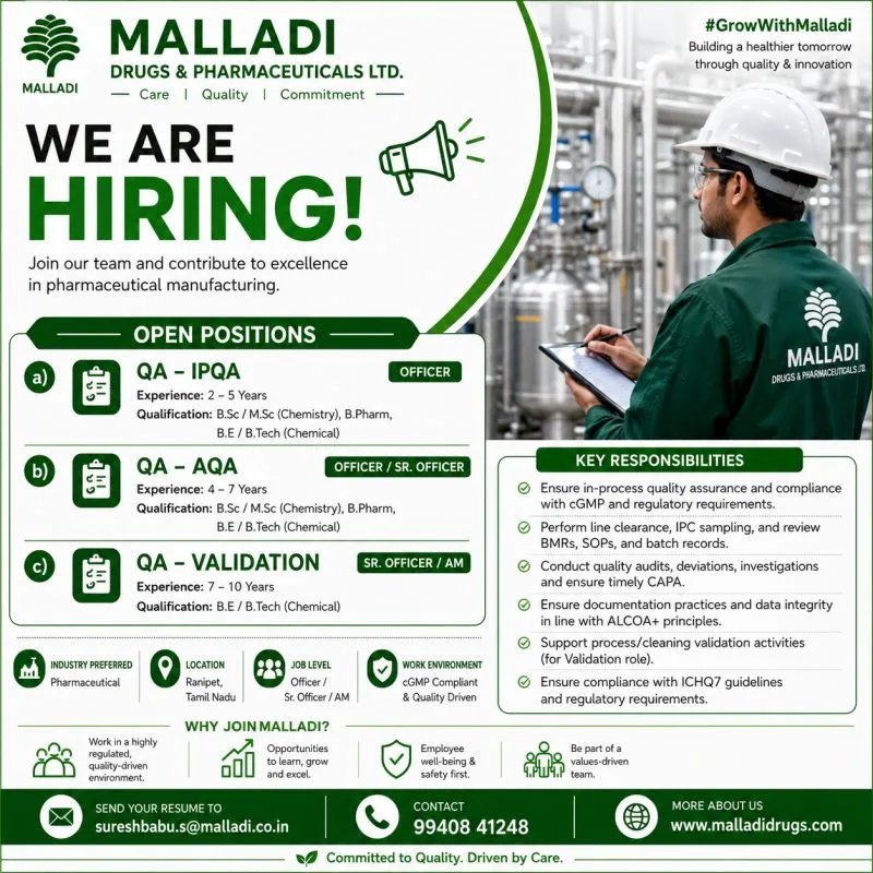 Malladi Drugs & Pharmaceuticals is Hiring for QA IPQA, AQA & Validation Roles